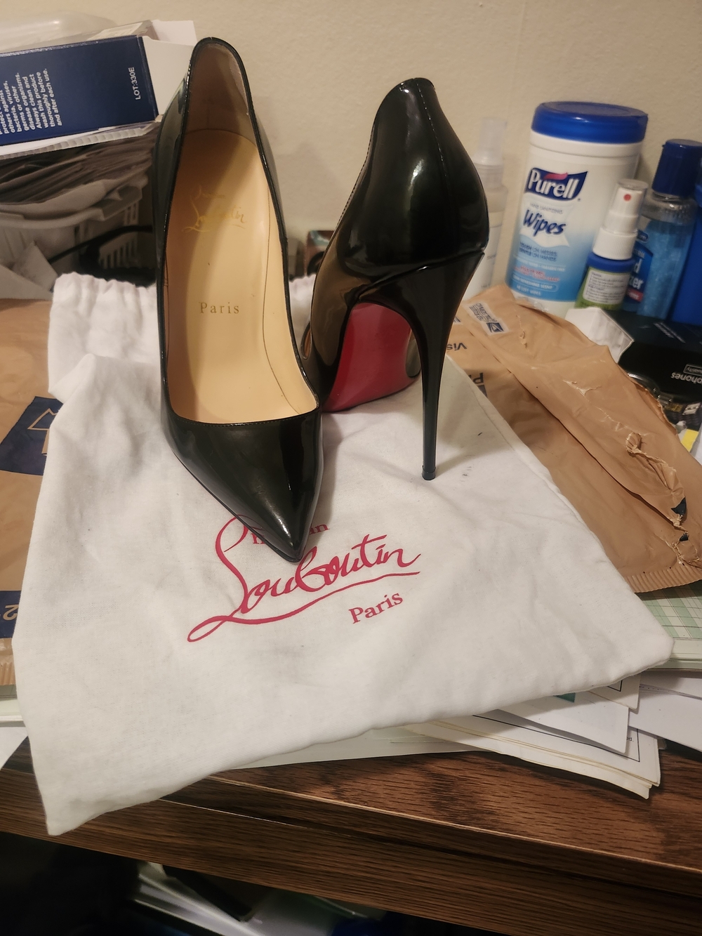 Christian Louboutin Black Patent Pointed Toe Stiletto Pumps with Red Sole